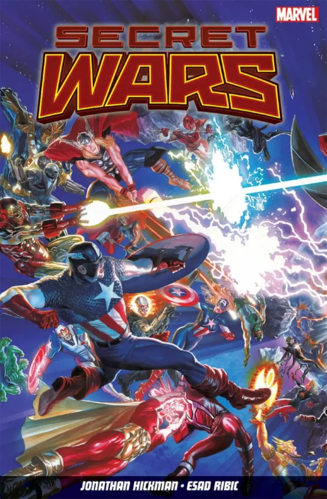 Capa da HQ Secret Wars, da Marvel Comics, com diversos super-herois em meio a uma batalha.